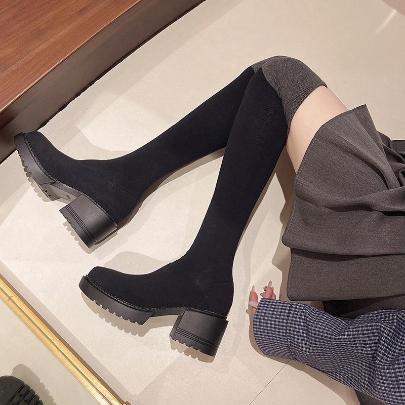 Модные зимние женские сапоги выше колена, модные лоскутные цветные сапоги без застежек, длинные сапоги, женская обувь на квадратном каблуке
