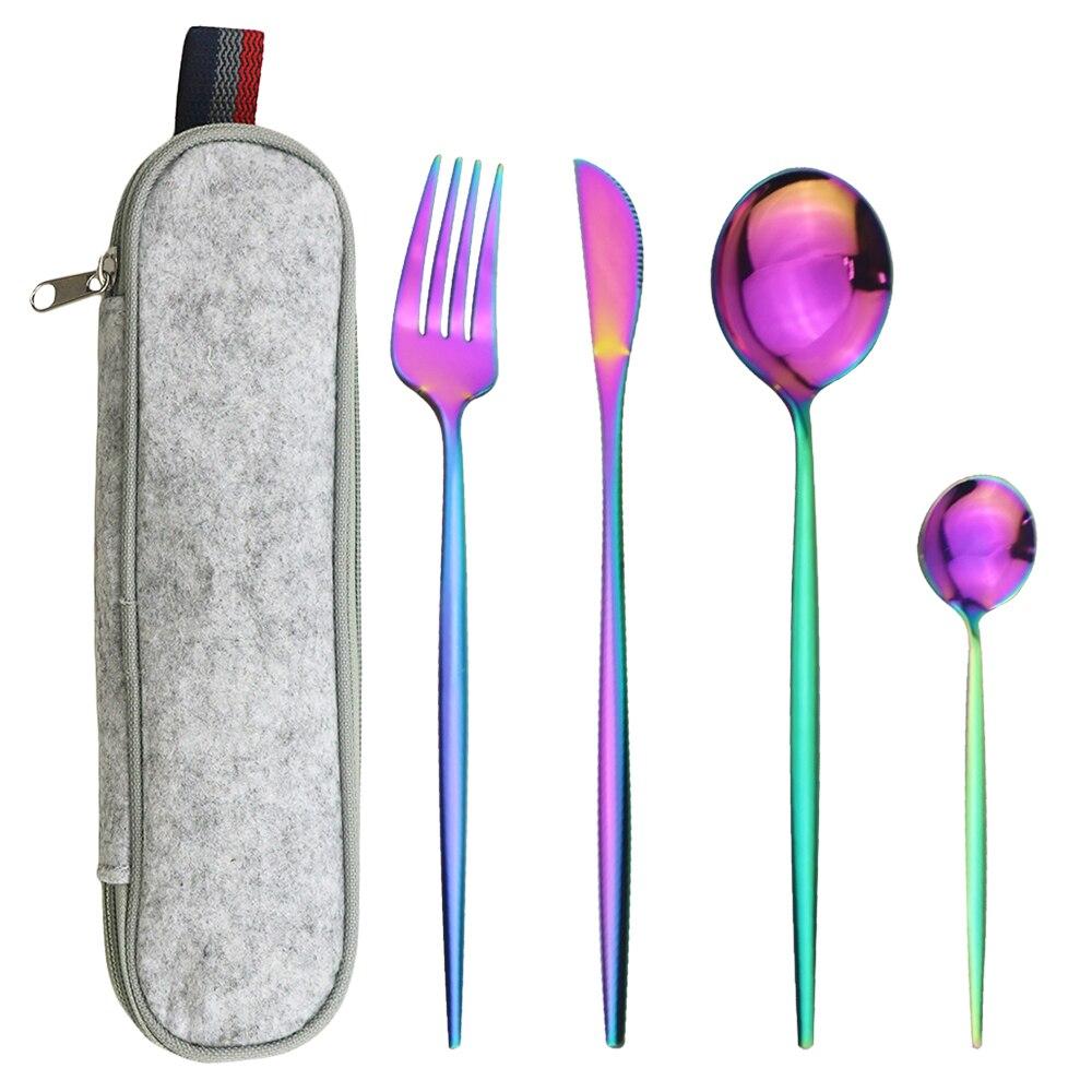 Мятно-зеленый, золотой набор столовой посуды, набор столовых приборов для кемпинга, нож, вилка, ложка с портативной серой сумкой, набор посуды из нержавеющей стали