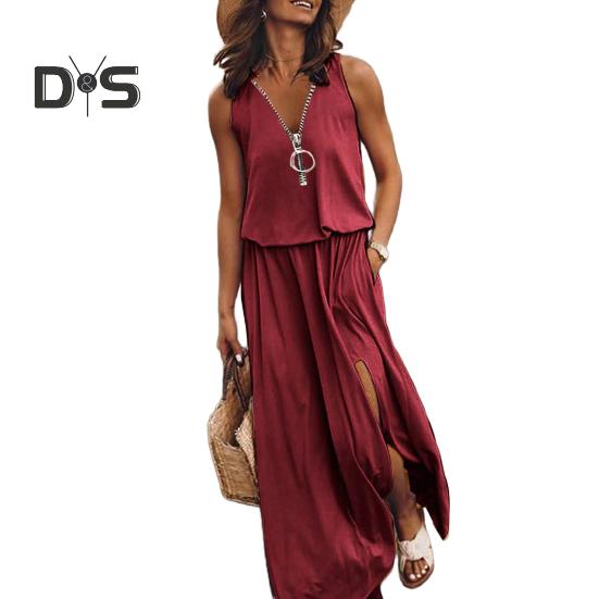 Женское летнее длинное платье без рукавов, повседневное платье макси с застежкой-молнией спереди, V-образным вырезом, карманом, плиссированным разрезом, платье миди