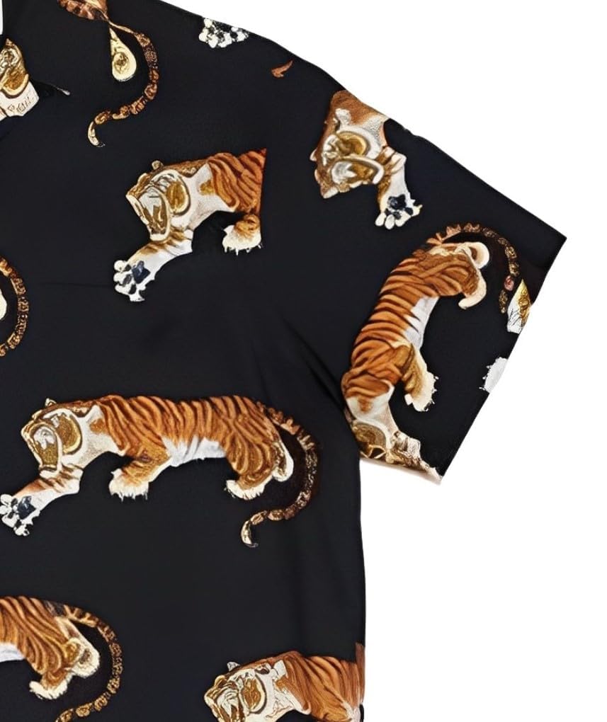 Aspersio Рубашка с коротким рукавом с тигровым принтом в японско-американском стиле с открытым коротким воротником, мягкая черная, взрослая, с узором, с воротником, крутая, стильная, с принтом, весенне-летняя