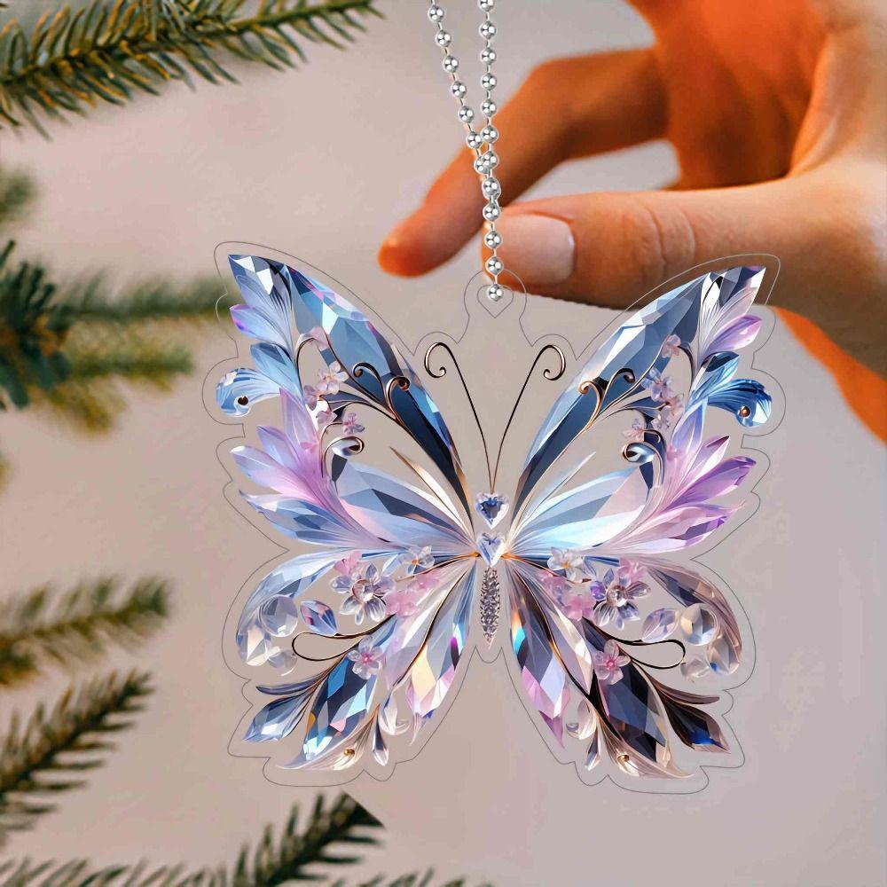 2D Car Accessories Acrylic Purple Aesthetic Rear View Mirror Charm Butterfly Shape Sparkling Home Decoration