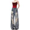 Blue old high street ripped jeans women's European and American autumn design sense versatile lazy wind dirty dyed floor pants