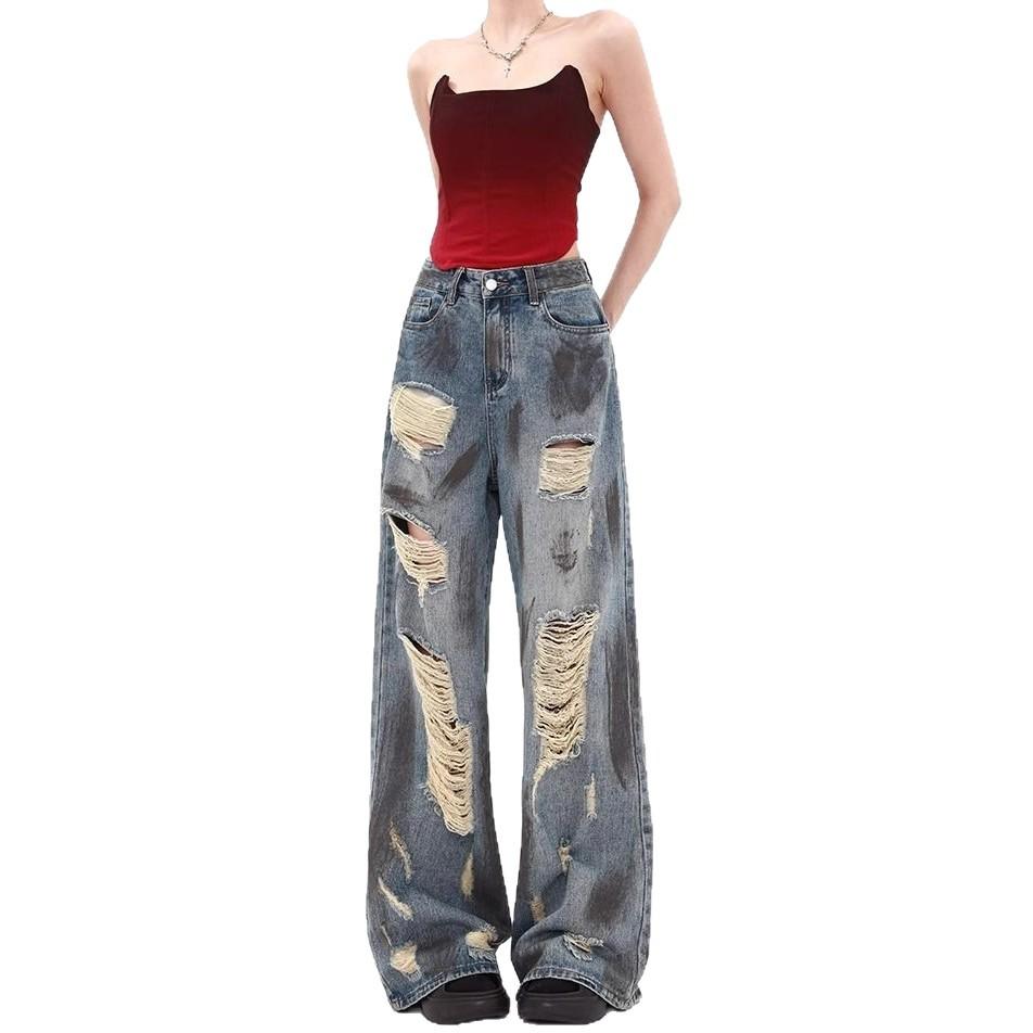 Blue old high street ripped jeans women's European and American autumn design sense versatile lazy wind dirty dyed floor pants