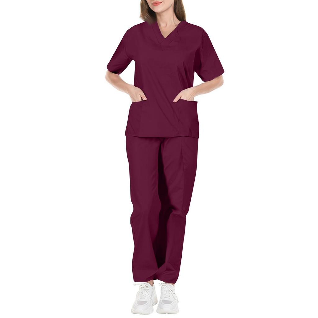 Women's Fashion Solid Short Sleeve  Pattern Tops Pocket Working Set