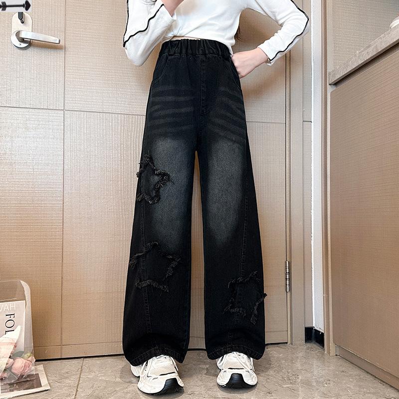 Teenage Girl Retro High Waisted Wide Leg Straight Jeans With Star Pattern For Kids Baby New Causal Denim Pants Girl Trousers