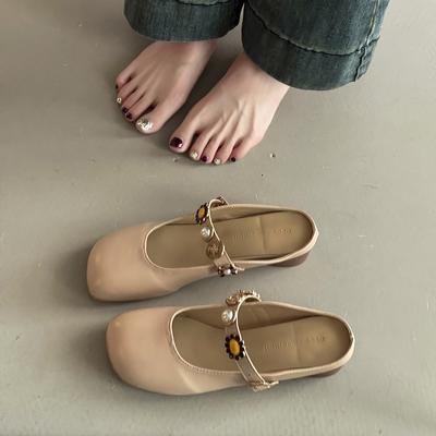 Ретро квадратный носок, пряжка на одно слово, шлепанцы, сандалии, женские, летние, со стразами, уродливые и милые, на плоской подошве, полушлепанцы