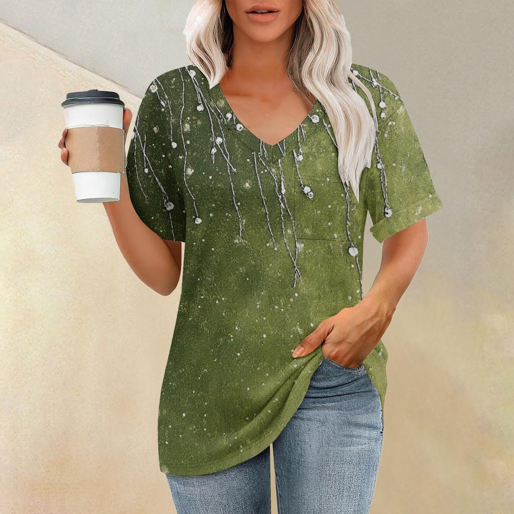 Женская модная футболка с коротким рукавом и V-образным вырезом с карманом и цветочным принтом