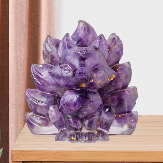 Статуэтка из натурального камня в виде девятихвостой лисы, позитивная целебная энергия, вырезанная вручную из цветного искусственного кристалла, сидящая статуя животного для домашнего офиса и рабочего стола