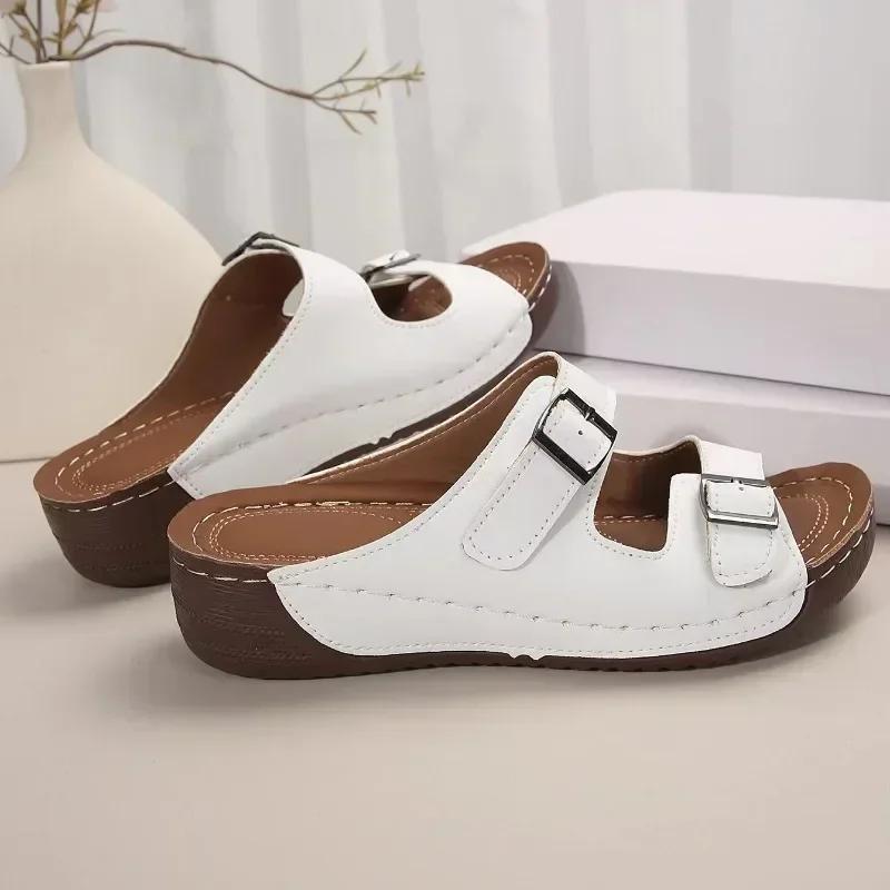 Женские тапочки на танкетке 2024 года, летние повседневные туфли на платформе для женщин, пляжные ортопедические тапочки с открытым носком на платформе для женщин