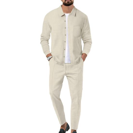 Мужской костюм-двойка, повседневная рубашка с длинным рукавом с вафельным узором, брюки на шнурке, весенне-осенний наряд для офиса