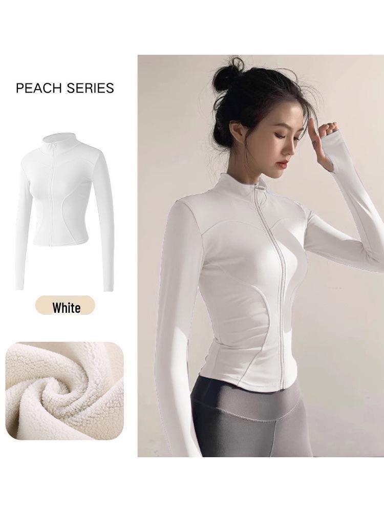 Женская плюшевая облегающая куртка для йоги на молнии - утолщенная, эластичная, с длинным рукавом, воротником-стойкой, теплая осенне-зимняя верхняя часть