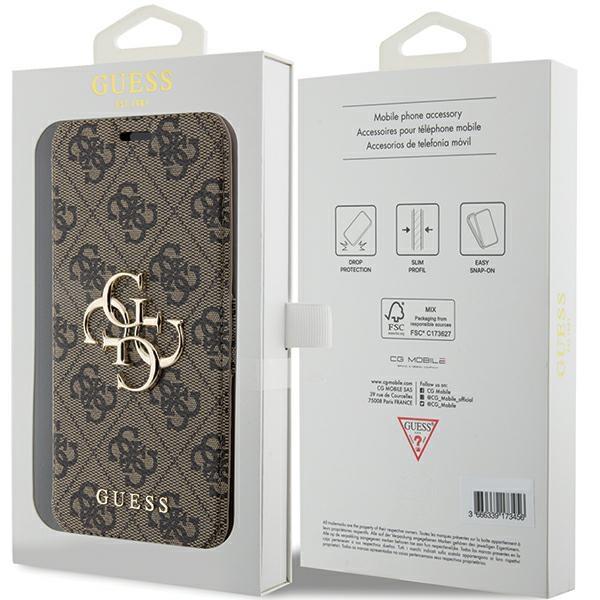 Чехол-книжка для iPhone 15 Pro Guess с металлическим логотипом, коричневый