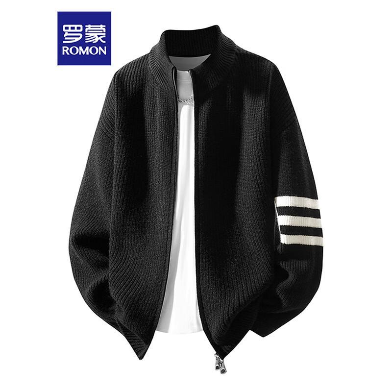 ROMON Men's Stand-Collar Striped Knit Cardigan