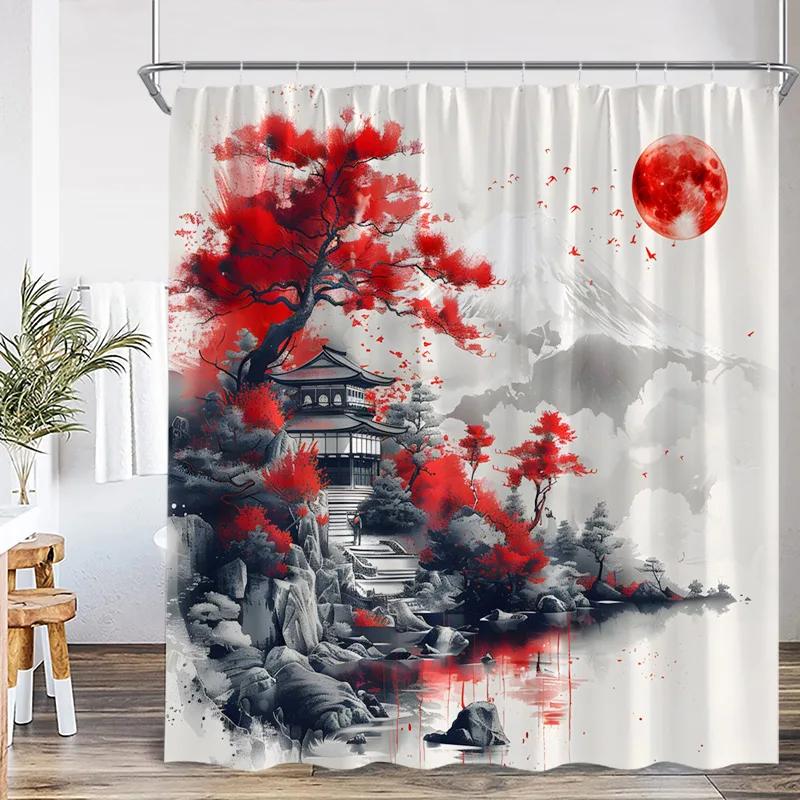 Japanese Landscape Shower Curtains Pink Cherry Blossom Mountain Lake Night Scenery Polyester Fabric Home Bathroom Curtain Decor