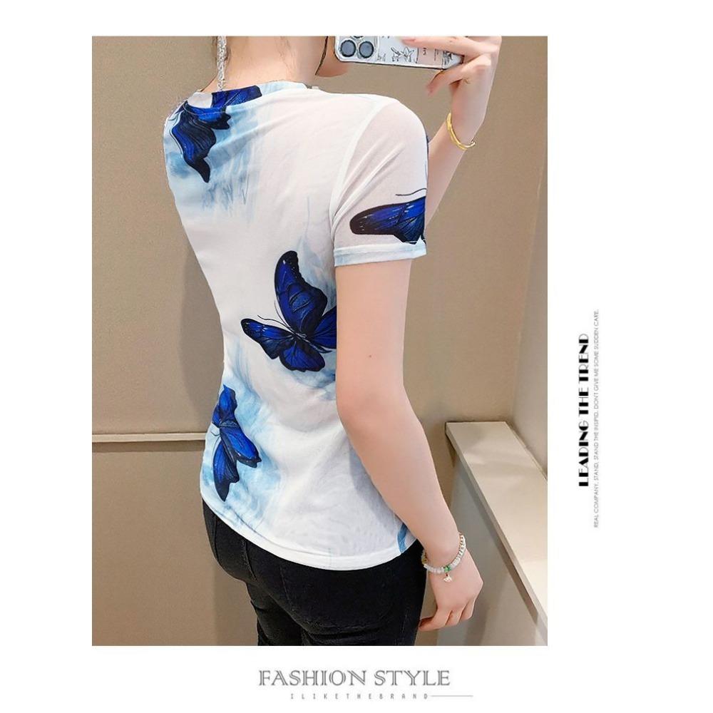 Western Butterfly Print Short Sleeved Women's Fashionable Ice Silk Mesh Top Slim Fit Versatile T-shirt