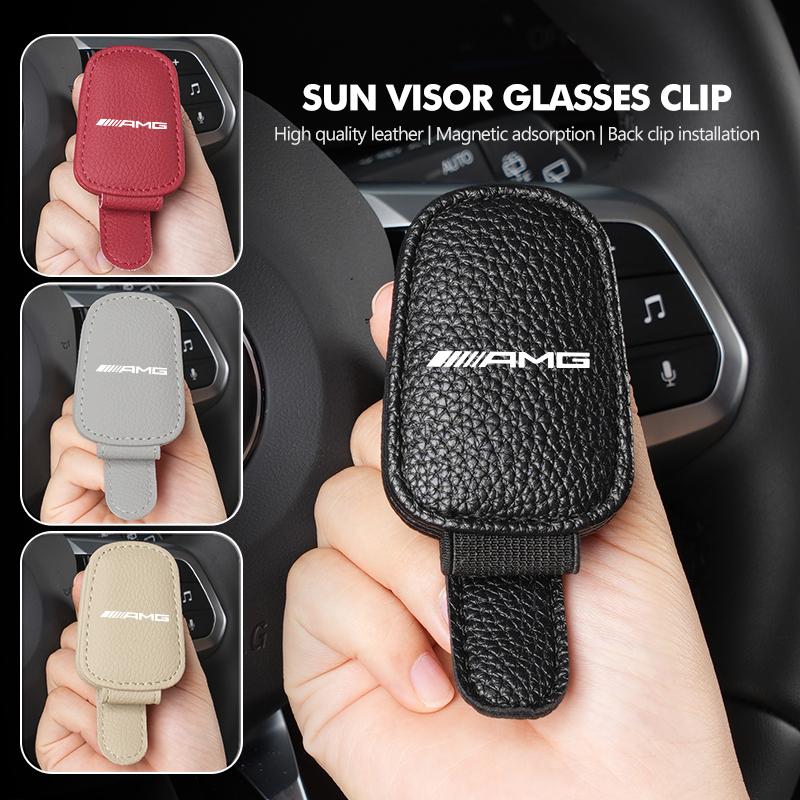 BTY4 Car Magnetic Leather Card Ticket Holder Sun Visor Glasses Clip For Mercedes Benz AMG A B C E S G Class A180 CLK CLA GLE GLC W212