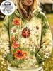 Women Watercolor Bee Wildflower Fleece Hoodie, Vintage Floral Insect Allover Print Casual Hooded Pullover Sweatshirt