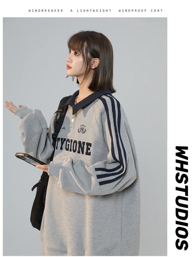 Женский серый свитшот с вышивкой и воротником поло - Свободный крой оверсайз, Тренд весна/осень 2025