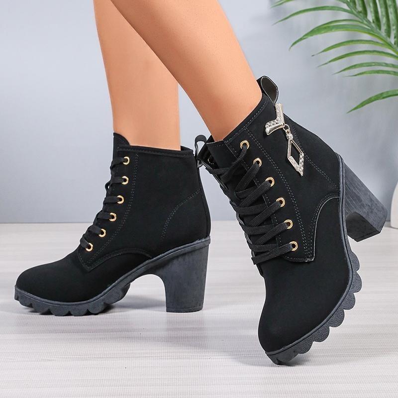 Women's Chunky Heeled Ankle Boots Metal Decoration High Heels Booties Woman Autumn Lace Up Platform Short Boots Plus Size