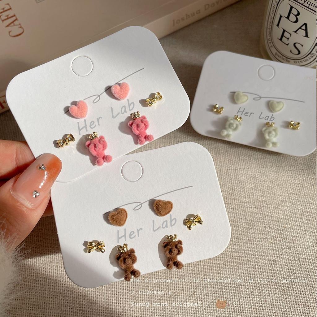 Милые серьги с короной, флокированные серьги с медведем, комплект серебряных игл, новые милые детские серьги с персиковым сердцем, универсальные серьги