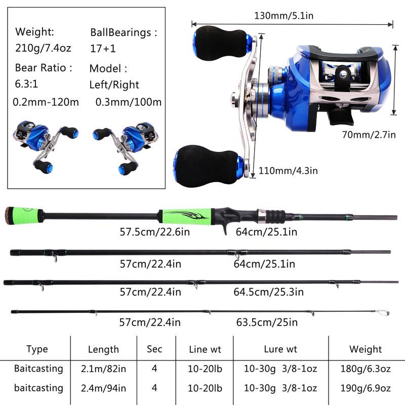 Комбинированные катушки для кастинговой удочки, 4-секционная удочка Baitcaster 2,1 м/2,4 м и кастинговая рыболовная катушка 17+1BB