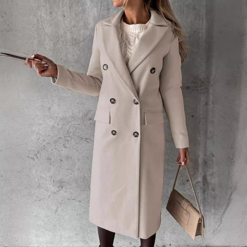 Модное женское шерстяное пальто с длинным рукавом и пуговицами, весна-осень, новое однотонное свободное двубортное длинное пальто с карманами и пуговицами, элегантная одежда 1355