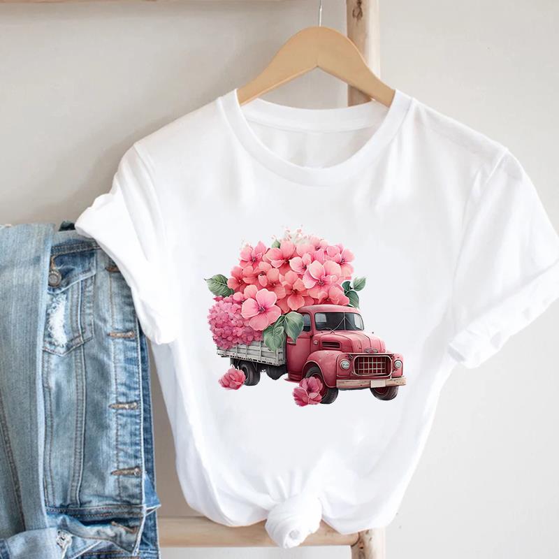 (Asian Size) Women Print Lady Plant Watercolor Cute Trend 90s Short Sleeve Tee Top Clothing Casual Fashion Tshirt Female Graphic T-shirt
