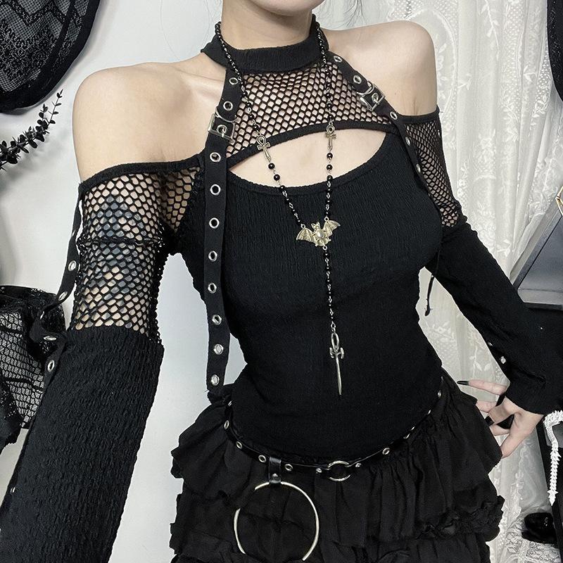 AltGoth Mall Gothic Sexy T-shirt Women Streetwear Harajuku Y2k E-girl Mesh Patchwork Hollow Out Long Sleeve Halter Crop Tee Tops