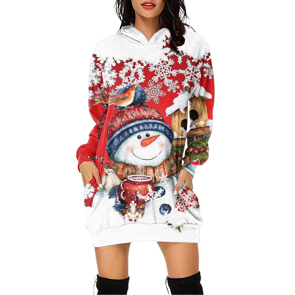 Women's Christmas Print Long-Sleeved Hooded Pocket Pullover Dress