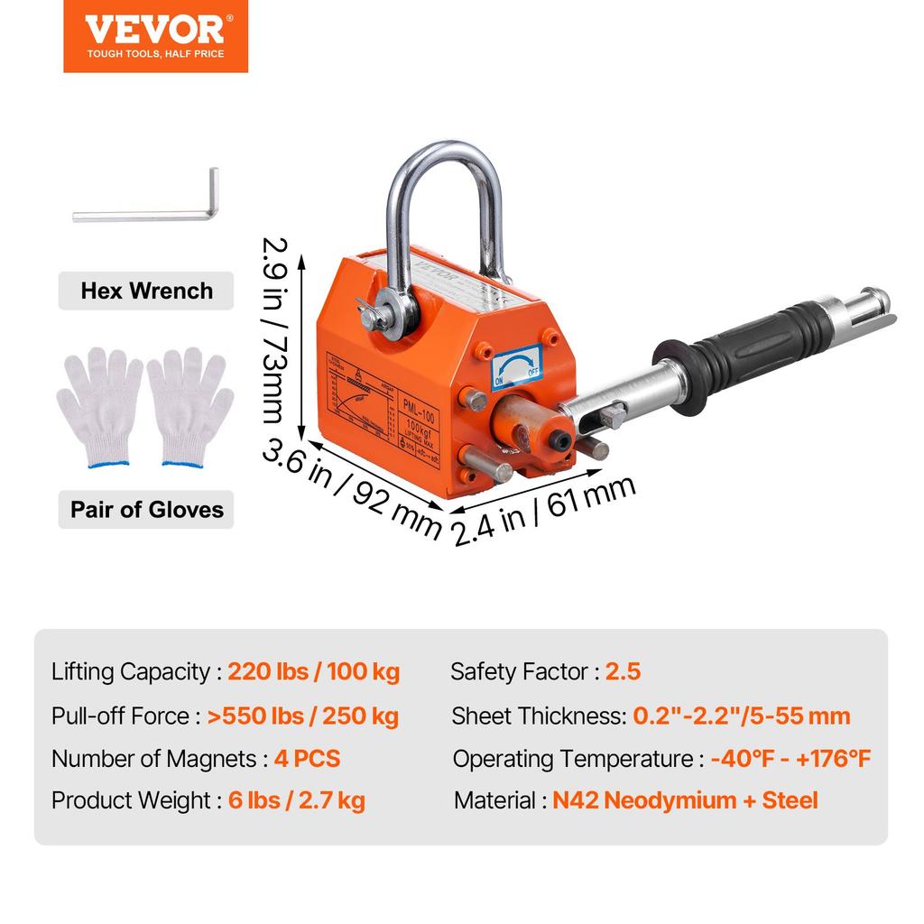 VEVOR Magnetic Lifter, 220 lbs/100 kg Pulling Capacity, 2.5 Safety Factor, Neodymium & Steel, Lifting Magnet with Release, Permanent Lift Magnets