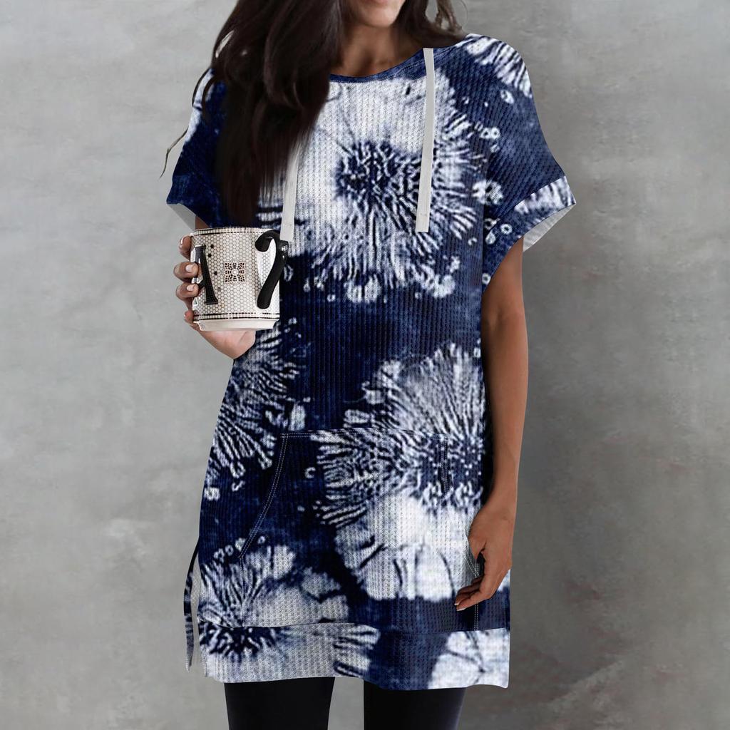 Женские свободные рубашки с принтом, толстовки с короткими рукавами и шнурком, вязаная туника с боковыми разрезами, топы с капюшоном и карманом