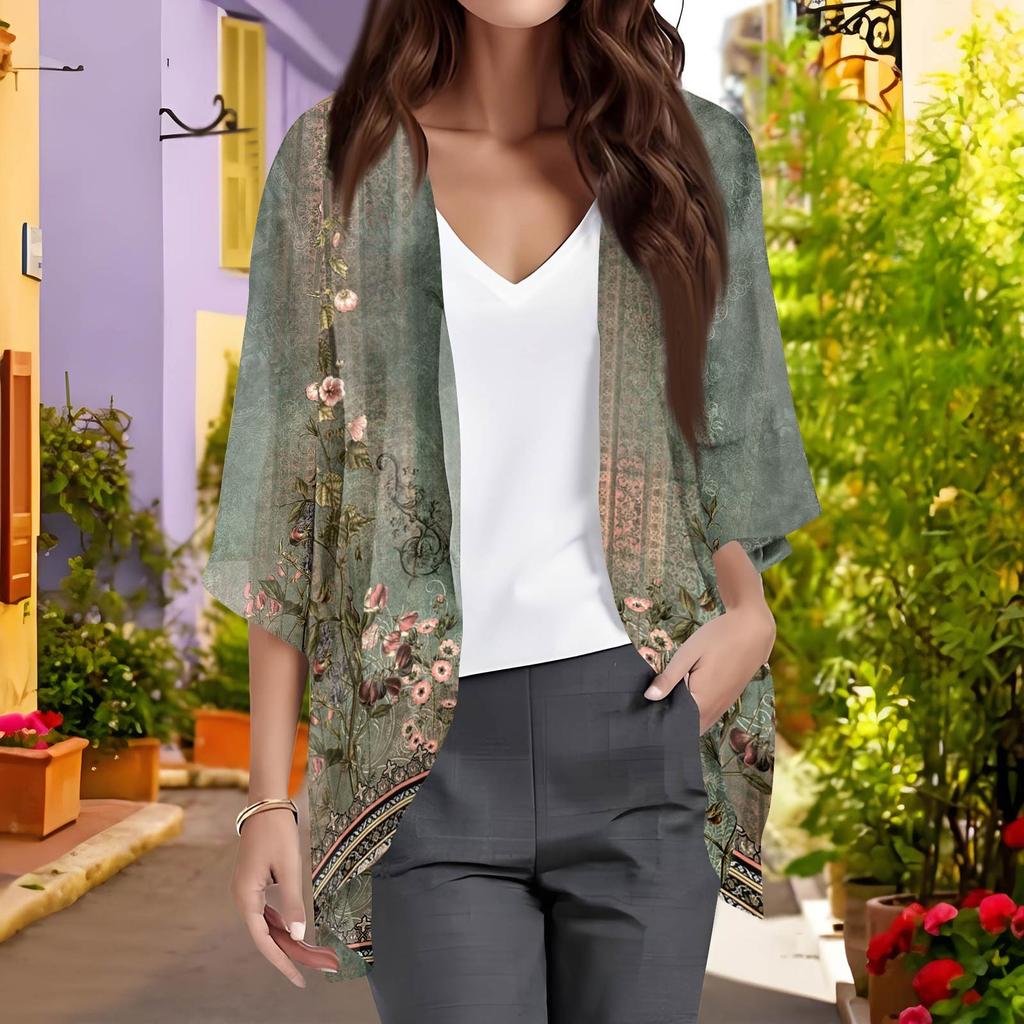 Ladies Fashion Loose Casual Print Beach Holiday   Sleeve Chiffon Cardigan