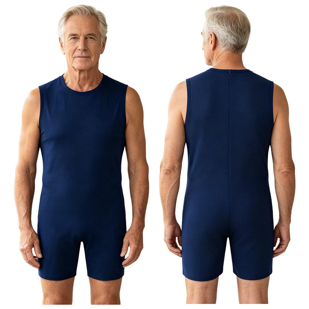 Sleeveless Back Zipper Short Bottoms Jumpsuit for Men Round Neck Adaptive Nursing Pajamas Bodysuit Special Needs Clothes