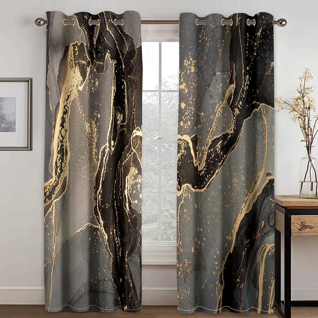 2panels Nordic Golden Leaf Marble Digital Printing Curtain Grommet Top Curtain Living Room Bedroom Kitchen Office Home Decor