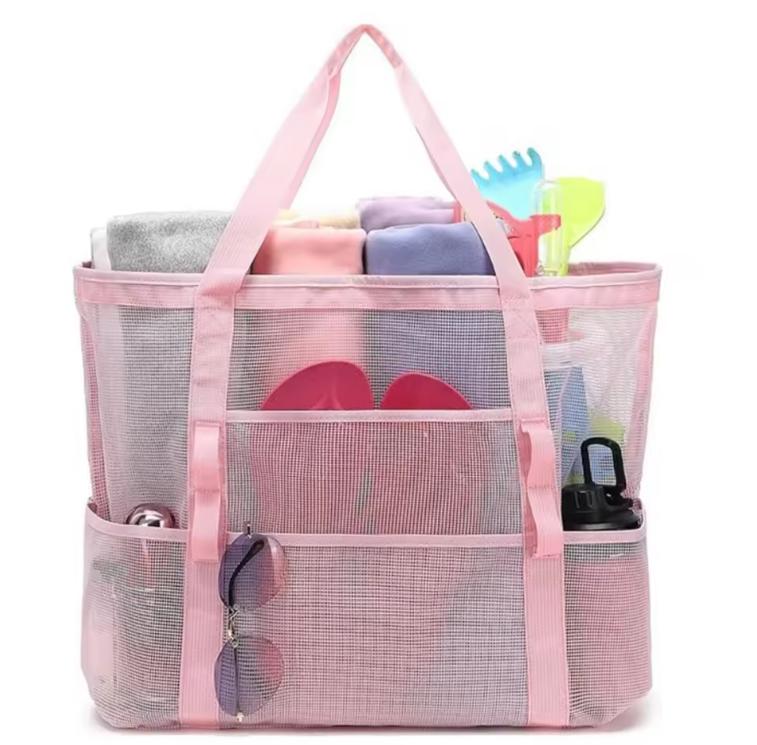 Mesh Beach Bag Multi-Pocket Organizer Handbag Shoulder Beach Bag Large-Capacity Portable Tote Bags For Vacation Organizing