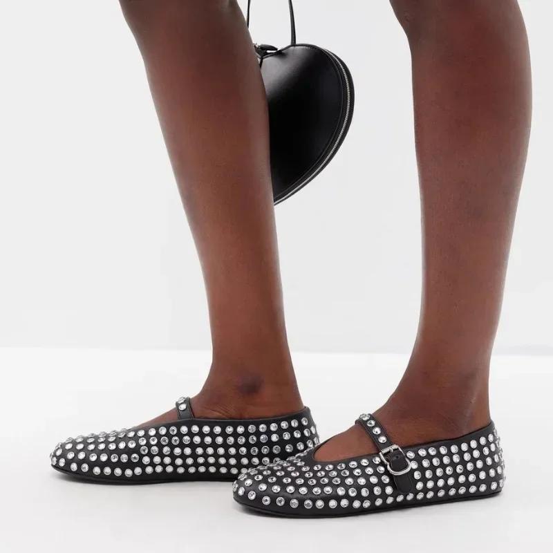 Women's Rhinestone Rivet Single Shoes Women New Round Toe Hollow Belt Buckle Comfortable Flat Dance Ballet Mary Jane Shoes