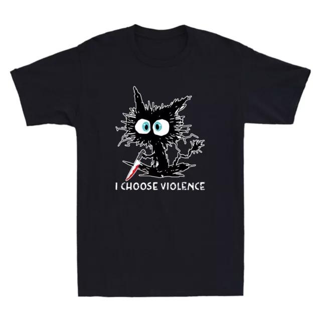 I Choose Violence Funny Black Cat Hold Knife Sarcastic Quote Retro Cotton Tee