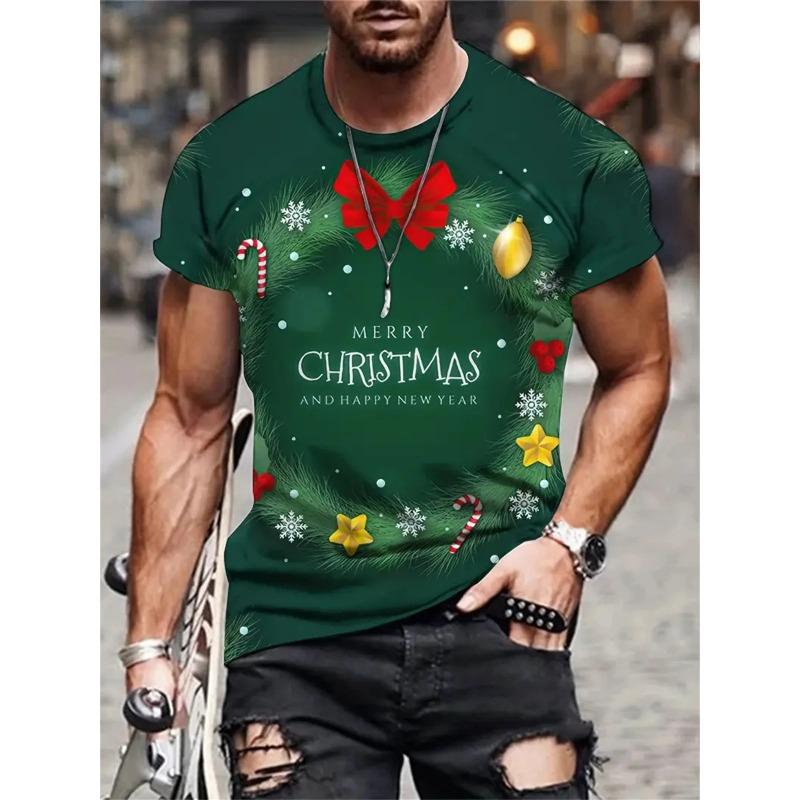 Рождественская мужская футболка с 3D-принтом, повседневные футболки с коротким рукавом, уличная мода, свитер с круглым вырезом, мужская свободная футболка
