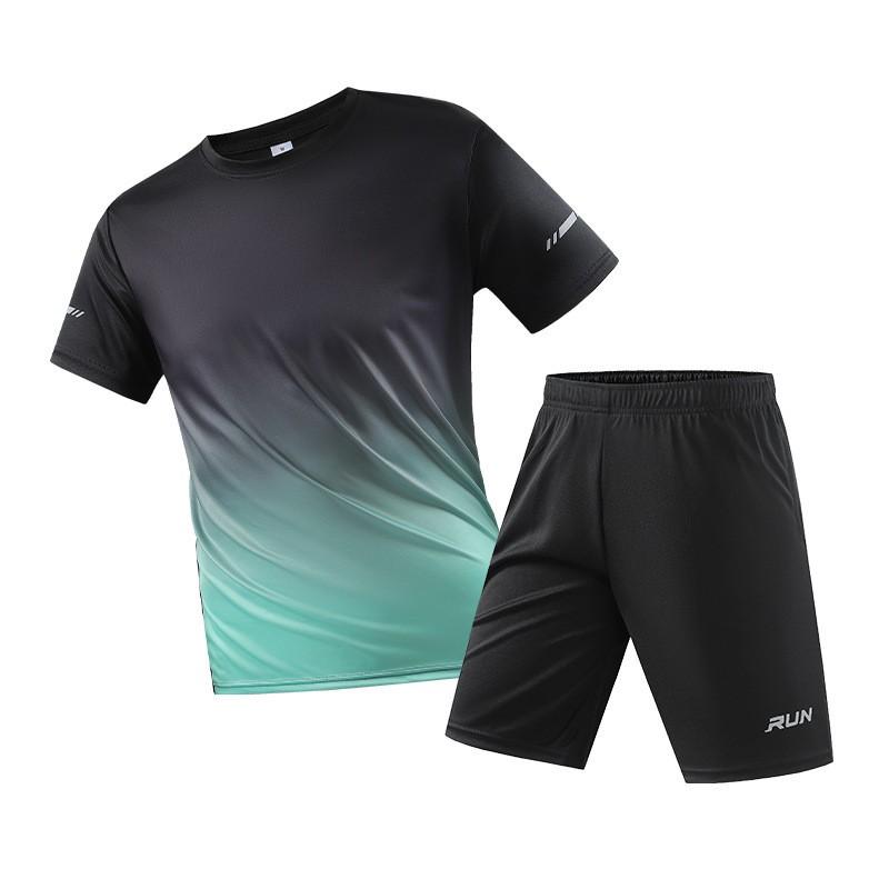 Mens Quick-Dry Sportswear Set Casual Short Sleeve T-Shirt Mid-Length Shorts Youth Fashion Athletic Outfit