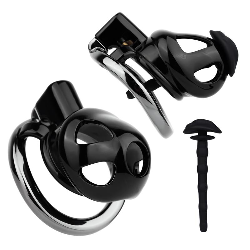 FRRK ABS Resin Black Male Chastity Cage with Aluminum Alloy Penile Ring Erotic Urethral Lock Penis Restraint Device BDSM Sex Toy