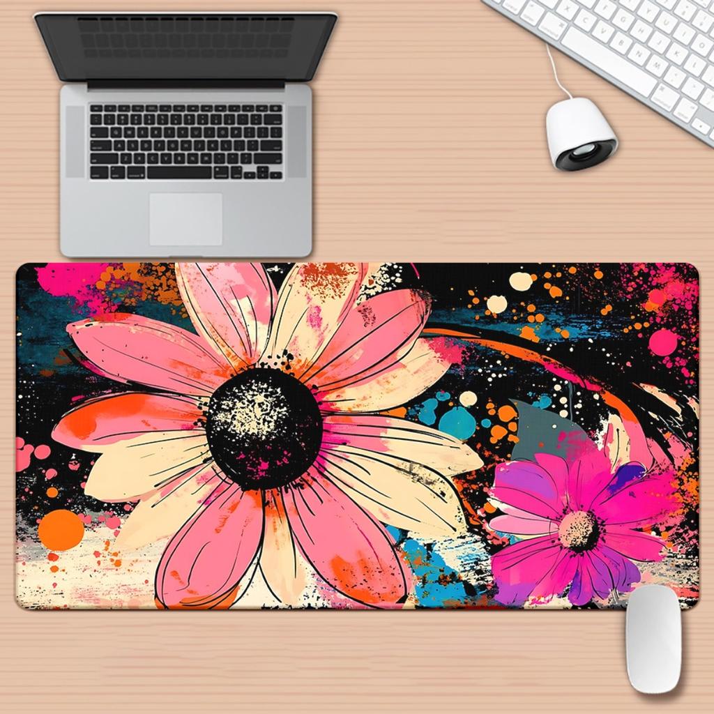 1pc Xxl Large Nonslip Rubber Base Daisy Flower Mouse Pad Oversized Durable Office Gaming Desk Mat Multicolor Floral Print Desk