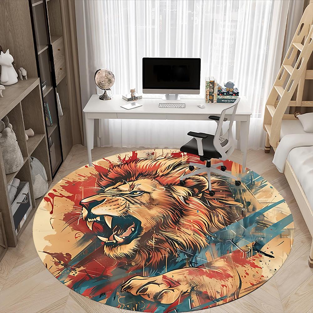 1PC Lion Roar Office Round Area Rug, Mat Suitable ForOffice, Under Office Chairs Bedroom Living Room Home Decor, Room Deco