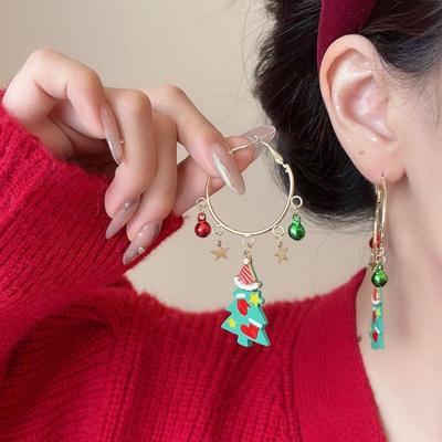 Серьги-каффы в виде рождественской елки и Санта-Клауса с серебряной иглой - Уникальные женские серьги