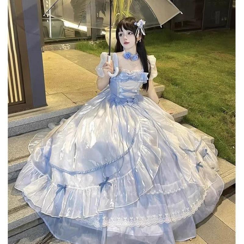 Blue Adult Dress Big Flower Wedding Lolita Dress Op Lolita Gorgeous Fleeing Fluffy Tail Princess Dress
