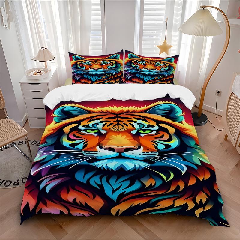 3pcs Tiger Print Bedding Set - 1 Duvet Cover + 2 Pillowcases(Core Not Included), Machine Washable Polyester yy251216151