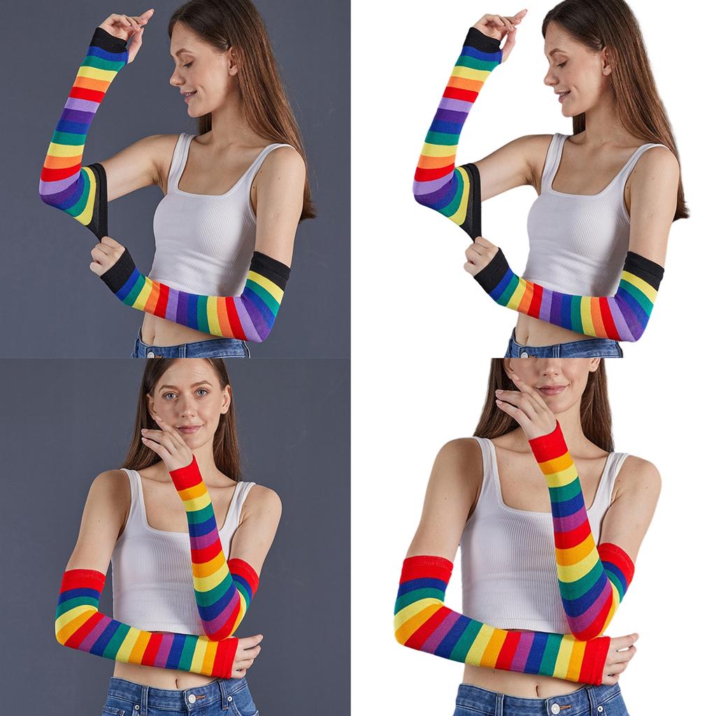 Colorful Stripe Fingerless Gloves for Women Fashion Arm Sleeves Christmas Party Decorative Rainbow Gloves for Teens Girl