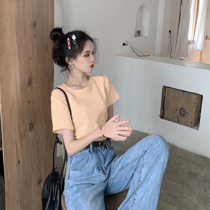 2025 Spring Retro Chic Korean Round Neck Basic Short-Sleeve T-Shirt for Women