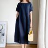 Women's Loose Cotton Dress Summer Casual Plus Size Midi Dress Crew Neck Short Sleeve Pleated Swing Dress with Pockets