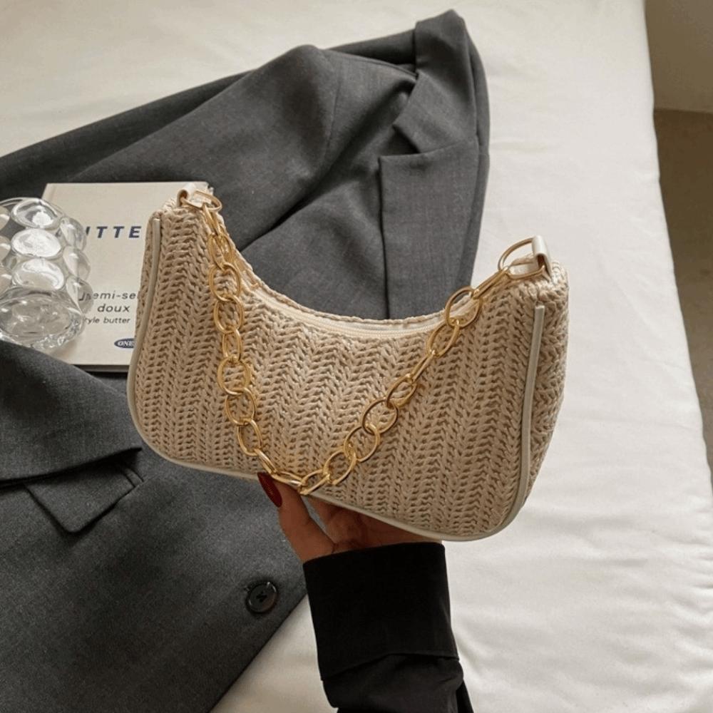 Square Straw Shoulder Bag Zipper Beach Handbag Portable Weave Underarm Bag  Girls