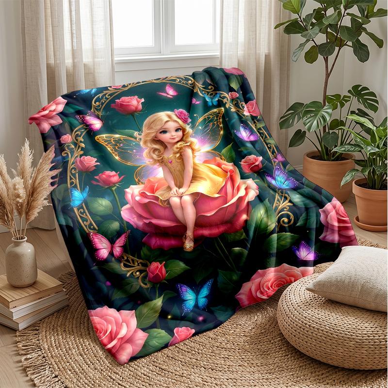 Fairy on Rose with Butterflies Theme blanket Lightweight Warm Flannel Blanket Decorative Throw Blanket for Home Decoration